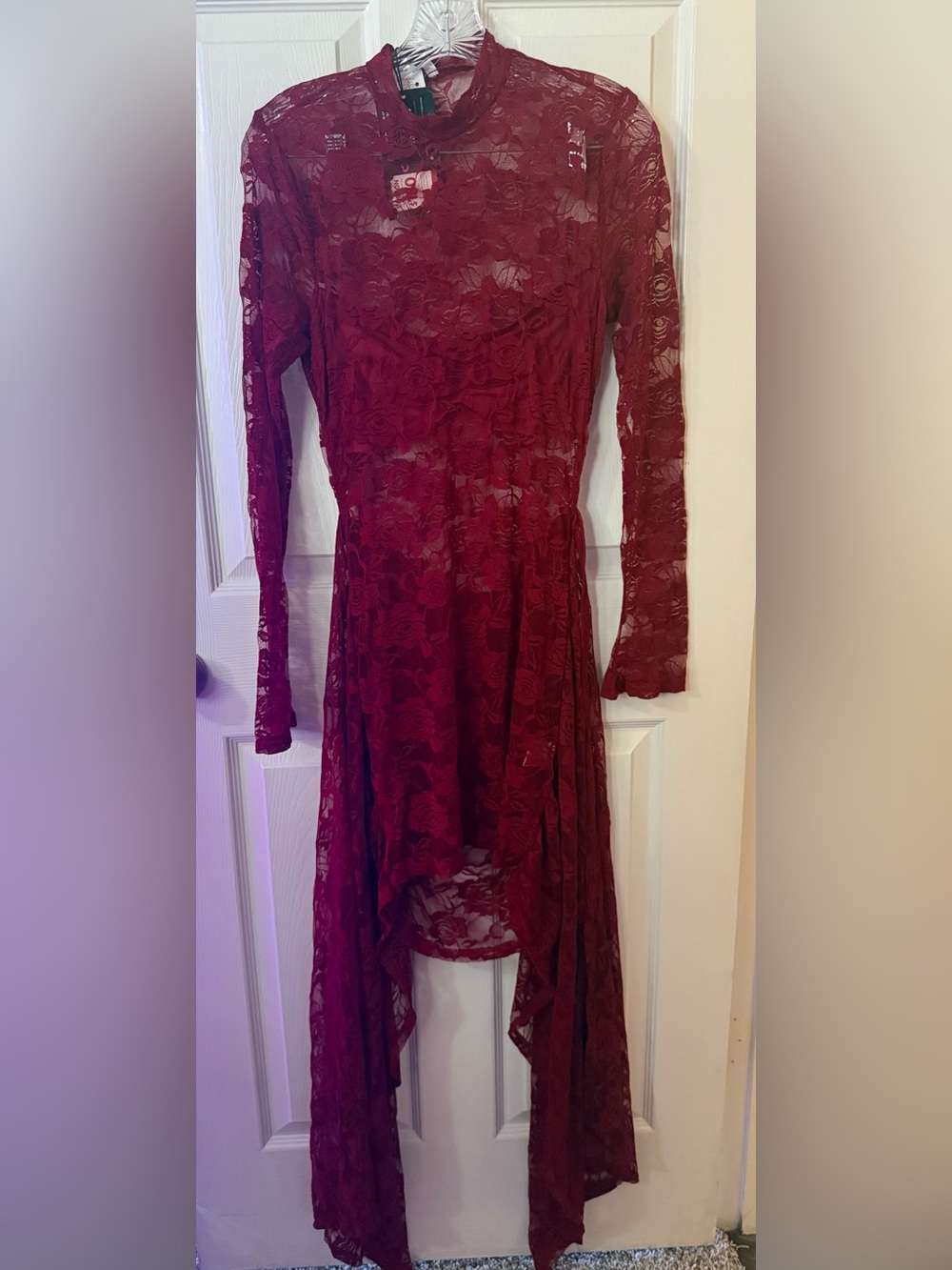 Women's Lace Long-Sleeve High-Low Dress - Burgundy